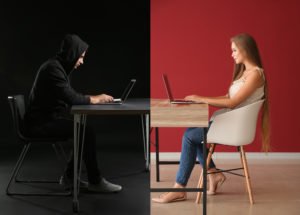 Picture of woman working in red space and man in black space