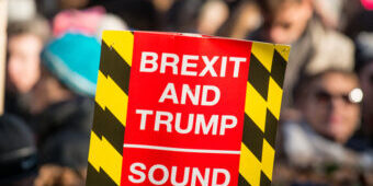 Picture of a pluck card of brexit held by a mob in public