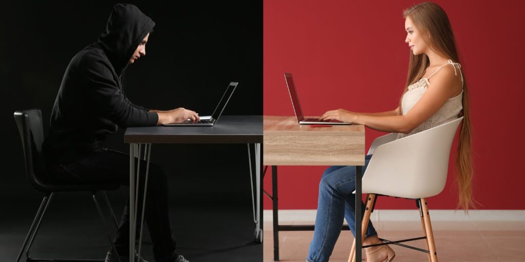 Picture of woman working in red space and man in black space